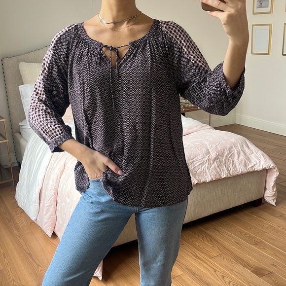 Loft Mixed Geo Peasant Blouse Brown Tile Floral -  size medium - Picture 4 of 16